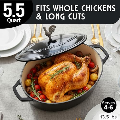 MUELLER HOME 5.5 Quart Enameled Cast Iron Oval Dutch Oven with Rooster Knob & Cotton Potholders