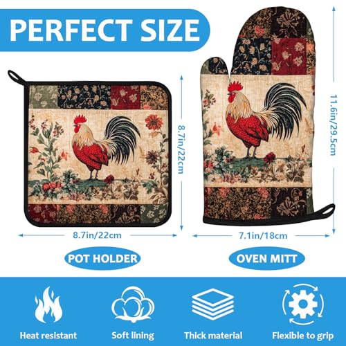 Rustic Rooster Oven Mitts and Pot Holders Sets Heat Resistant 4Pcs Potholders Oven Gloves Hot Pads for Kitchen Baking Cooking Grilling BBQ (4 Count)