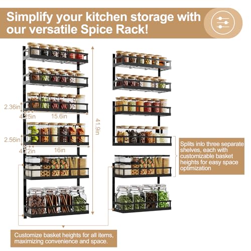 6-Tier Wall-Mounted Spice Rack Organizer with Mixed Basket Sizes, Height-Adjustable Hanging Spice Shelf for Kitchen Pantry Cabinet, Large-Capacity Seasoning Holder, Black