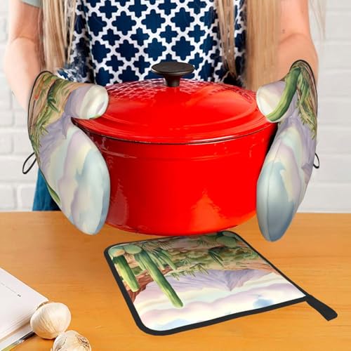 Desert Cactus Oven Mitts and Pot Holders Sets of 3 Heat Resistant Oven Gloves Hot Pads Non (4.33 Count)