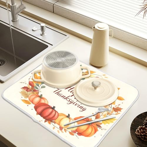 Pumpkin Happy Thanksgiving Dish Drying Mat for Kitchen Counter Absorbent Microfiber Large Drying Pad Dish mats for Kitchen Countertops 18 x 24 Inch