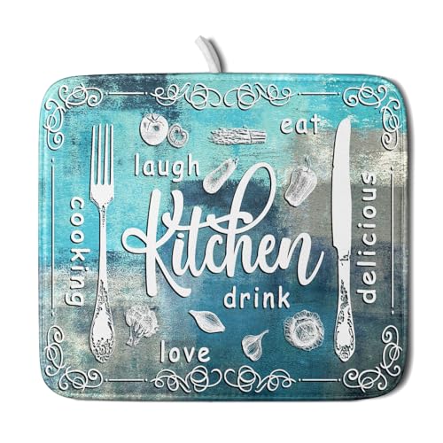 Blue Grey Dish Drying Mat 16x18 Inch Cooking Delicious Absorbent Drying Pad Heat Resistant Dish Drainer Mats for Kitchen Countertop