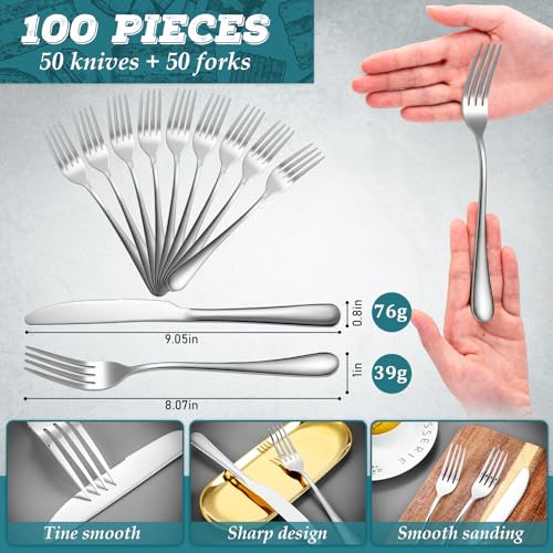 100 Pieces Stainless Steel forks and knives Dinner Flatware Set Tableware Cutlery for Butter Kitchen Restaurant (100 Count)