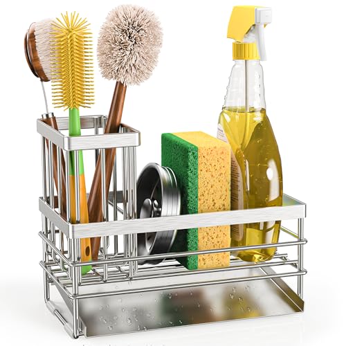 Sink Caddy Sponge Holder for Kitchen with Brush Holder and Stainless Steel Self Drain Tray