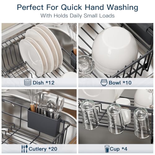Grey Expandable Dish Drying Rack Over Sink with Extra Drying Mat