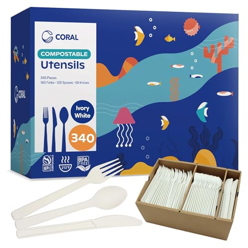 Ivory White Compostable Heavy Duty Silverware Set 340 Pieces Bulk (340 Count)