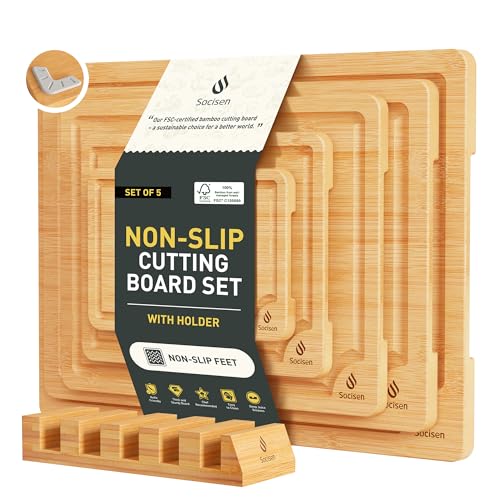 5 Packs Bamboo Cutting Board Set with Non Slip Feet Holder and Over Sink Nice Solid Thick Wood Juice Groove Chopping Board Small Big Xl XXl xlarge Oversized Kitchen Counter Organic Vegetable Meat Kit (5 Count)