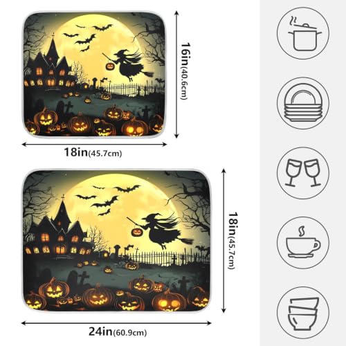 Halloween Night Pumpkins Witch Dish Drying Mat for Kitchen Counter Absorbent Microfiber Large Drying Pad Dish mats for Kitchen Countertops 18 x 24 Inch