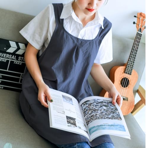 Japanese Cotton Cross Back Kitchen Cooking Aprons for Women with Pockets Cute for Baking Painting Gardening Cleaning Gray Blue