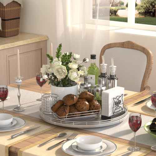 16 Inch Oak Lazy Susan Organizer with Silver Iron Rail