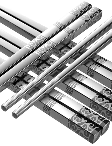 Metal Chopsticks Reusable Stainless Steel Chopsticks Dishwasher Safe Square Lightweight Non (5 Count)