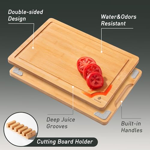 5 Packs Bamboo Cutting Board Set with Non Slip Feet Holder and Over Sink Nice Solid Thick Wood Juice Groove Chopping Board Small Big Xl XXl xlarge Oversized Kitchen Counter Organic Vegetable Meat Kit (5 Count)