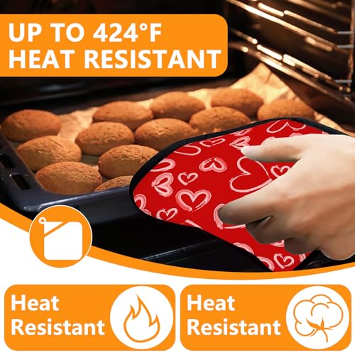 White Love Hearts Oven Mitts and Valentine's Day Pot Holders Sets 4Pcs