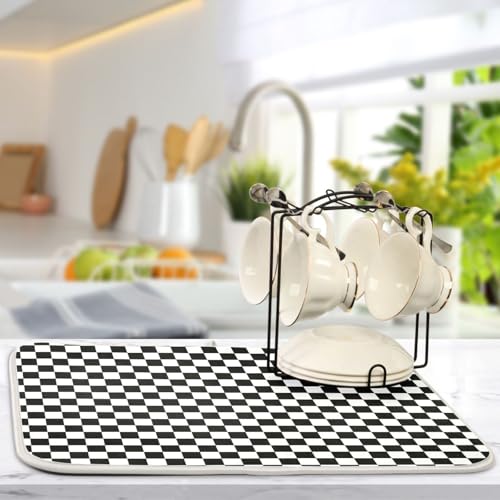 Black White Checkered Pattern Dish Drying Mat for Kitchen Counter Absorbent Microfiber Drying Pad