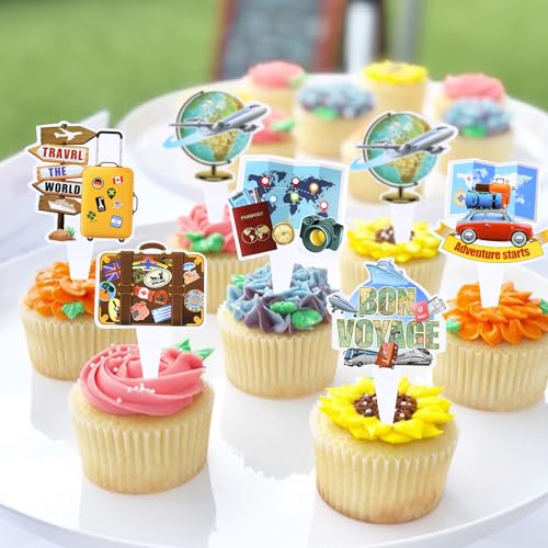 36PCS Double sided Adventure Travel Cupcake Toppers Airplane Globe Map Suitcase Bon Voyage Cupcake Picks for Adventure Travel Baby Shower Boys Girls Birthday Wedding Party Decoration (36 Count)