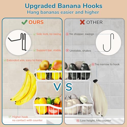 Large 2 Tier Fruit Basket for Kitchen Counter with 2 Banana Hangers (2 Count)