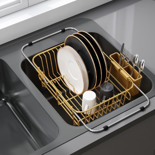 Gold Dish Drying Rack in Sink with Utensil Holder