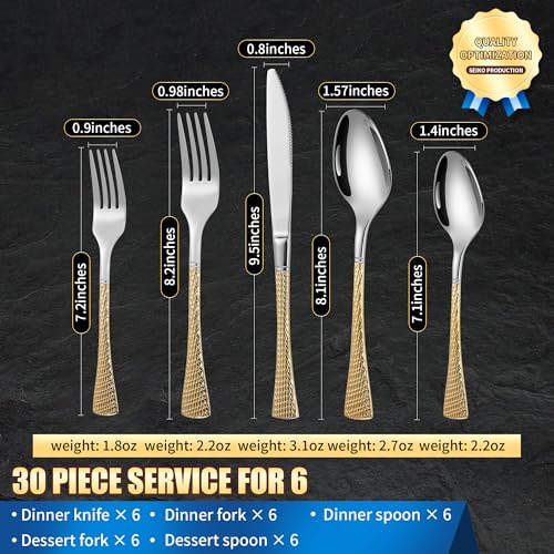 Hammered Silver Gold Silverware Set (30 Count)