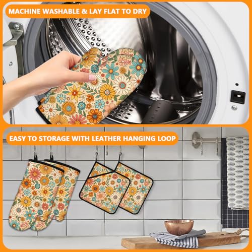 Boho Floral Oven Mitts and Colorful Flowers Pot Holders Sets 4Pcs