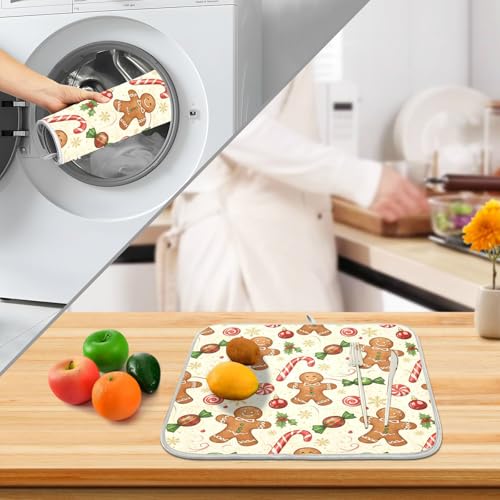 Christmas Gingerbread Cookie Man Sugar Dish Drying Mat for Kitchen Counter Absorbent Microfiber Large Drying Pad Dish Mats for Kitchen Countertops 18 x 24 Inch