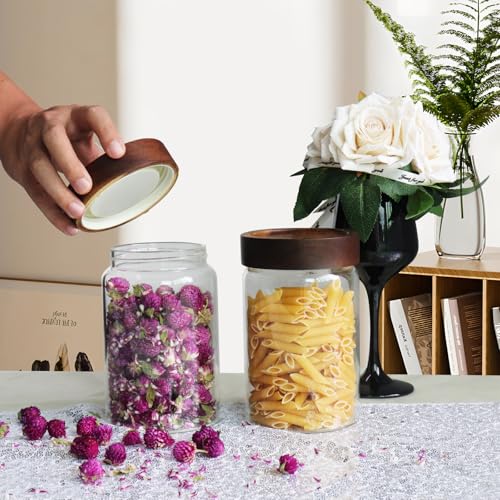30oz Glass Coffee Jars with Airtight Wood Screw Lid Herb Spice Jar Round Storage Canister with Wooden Lid Clear Glass Food Jar for Pantry Sugar Tea Coffee Bean Spice Nuts Cookies Bath Salts