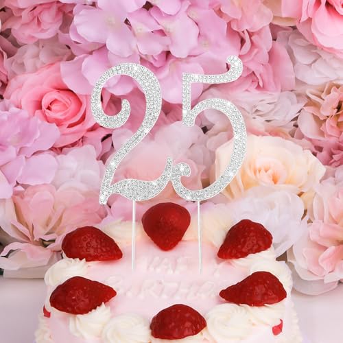 Silver 25th Birthday Cake Topper Rhinestones Cake Decorations for 25th Birthday Party