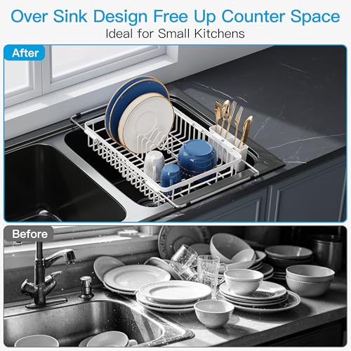 White Dish Drying Rack Over the Sink with Utensil Holder