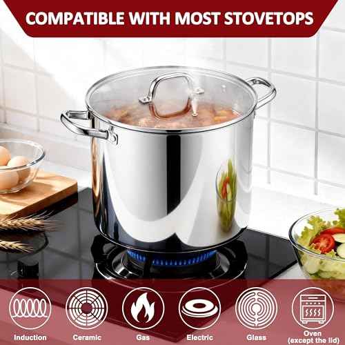 16-Quart 18/10 Stainless Steel Stock Pot with Lid, Large Heavy Duty Soup Pot Compatible with Electric, Gas, Induction and Gas Cooktops, Non-Toxic & Corrosion Resistant, Dishwasher Safe
