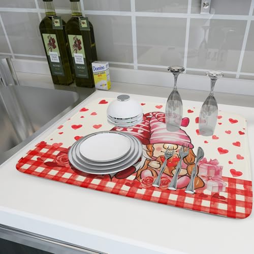 Love Gnome Dish Drying Mat 18"x24" Red Heart Microfiber Dish Drainer Rack Mat Holiday Absorbent Dishes Pad for Kitchen Counter Sink Decor
