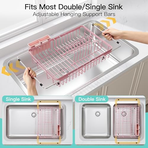 Pink Dish Drying Rack Over the Sink with Utensil Holder