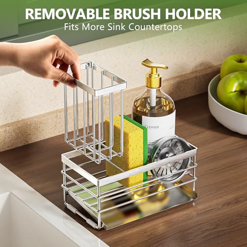 Sink Caddy Sponge Holder for Kitchen with Brush Holder and Stainless Steel Self Drain Tray