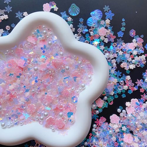 Sequins Holographic Polymer Clay Slices Nail Glitter 3D Holographic Snowflake Shell Butterfly Plum Blossom Nail Sequins Slices Polymer Clay Nail Decals for DIY Nail Decoration