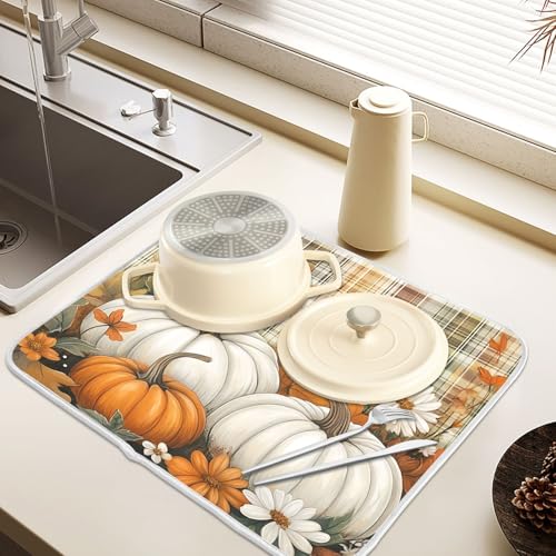 Autumn Fall Thanksgiving Dish Drying Mat for Kitchen Counter Absorbent Microfiber Orange White Pumpkin Large Drying Pad Dish Mats for Kitchen Countertops 18 x 24 Inch