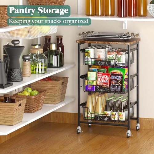4 Tier Vegetable Fruit Basket Kitchen Storage Rolling Cart on Wheels with Pull