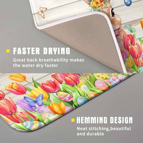 Easter Bunny Dish Drying Mat 16x18 inch Eggs Floral Fast Drying Pad Washable Reversible Microfiber Dish Drainer Mats for Kitchen Counter