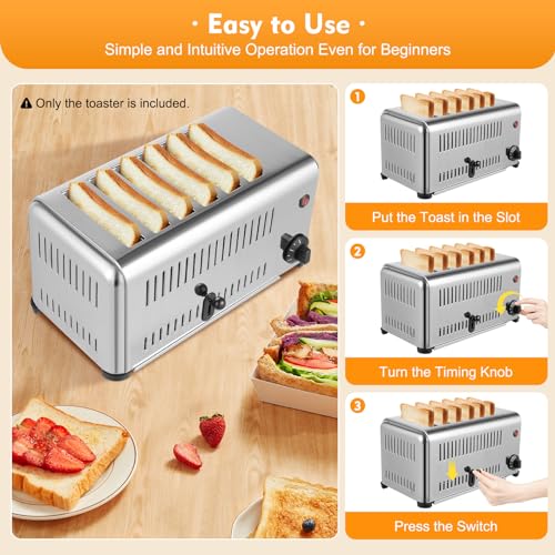 6 Slice Toaster with Wide Slots Commercial Toasters for Restaurant Bread Baking Machine 1680W Stainless Steel Toaster Countertop for Toast