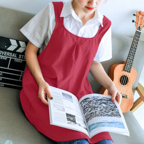 Japanese Linen Cross Back Kitchen Cooking Aprons for Men with Pockets for Baking Painting Gardening Cleaning Dark Red
