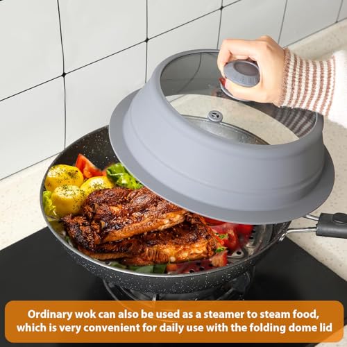 Collapsible Microwave Splatter Lid with Vented Tempered Glass Cover Wok Lid for Microwave Safe
