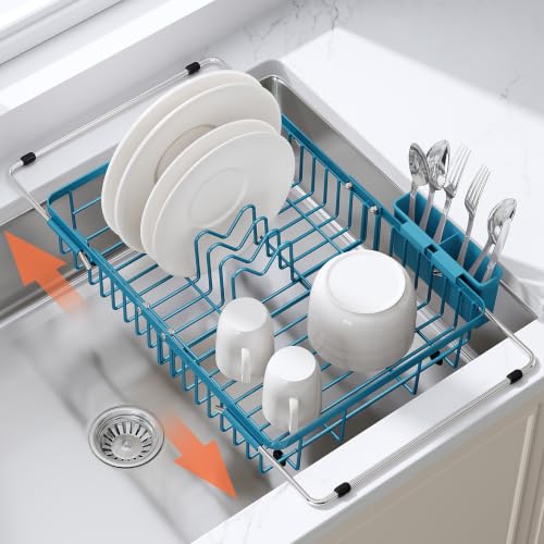 Blue Dish Drying Rack Over the Sink with Utensil Holder