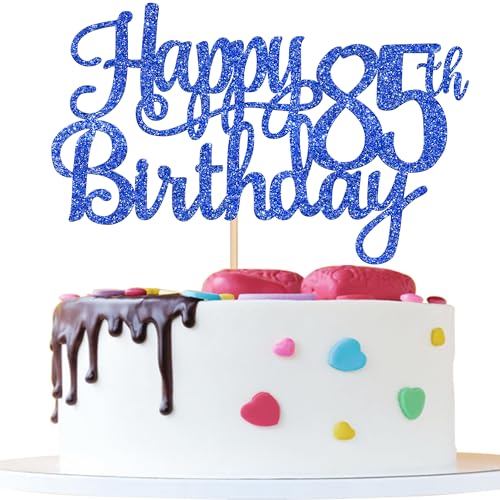 1 PCS Happy 85th Birthday Cake Topper Glitter Cheers to 85 Years Birthday Cake Pick Eighty Five 85 Fabulous Cake Decoration for Happy 85th Birthday Theme Party Decorations Supplies Blue