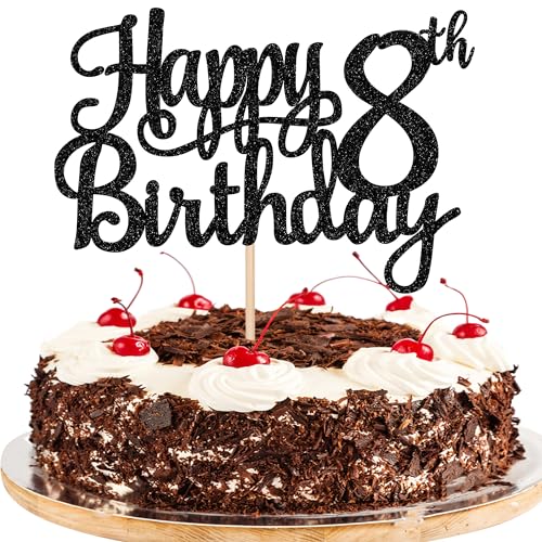 1 PCS Happy 8th Birthday Cake Topper Glitter Cheers to 8 Years Cake Pick Number 8 Fabulous Cake Decoration for 8th Birthday Theme Party Decorations Supplies Black