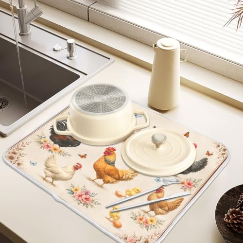 Farmhouse Rooster Dish Drying Mat for Kitchen Counter Absorbent Microfiber Large Drying Pad Dish mats for Kitchen Countertops 18 x 24 Inch