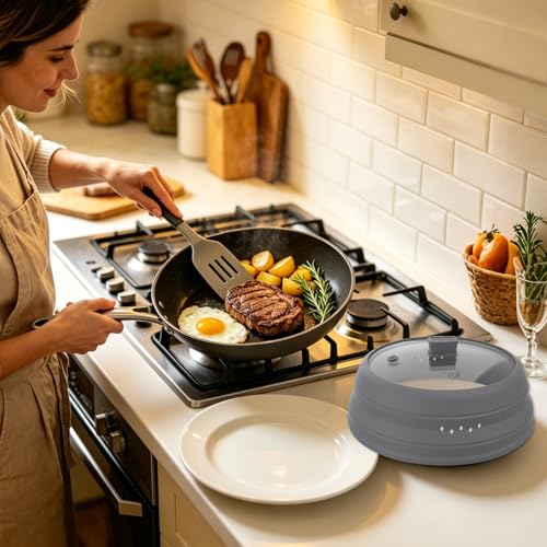 2 Pack Microwave Splatter Cover Glass Guard Lid with Collapsible Silicone for Food Pot Plate 8.5 inch and 9.8 inch Grey (2 Count)