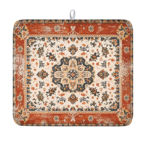 Ethnic Boho Dish Drying Mat Rust Coral Floral Decorative Dishes Pad 16x18 Inch Absorbent Fast Dry Drainer Rack Mats for Kitchen Countertop