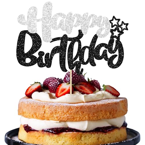 1Pcs Happy Birthday Cake Topper Glitter Cake Pick for Celebrating Anniversary Theme Party Cake Decorations Supplies Black and Silver