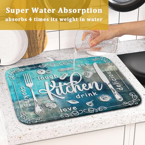 Blue Grey Dish Drying Mat 16x18 Inch Cooking Delicious Absorbent Drying Pad Heat Resistant Dish Drainer Mats for Kitchen Countertop