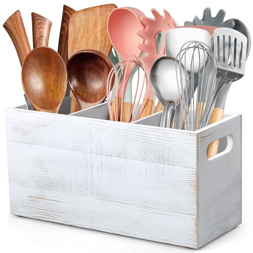 Rustic White Utensil Holder with Removable Divider