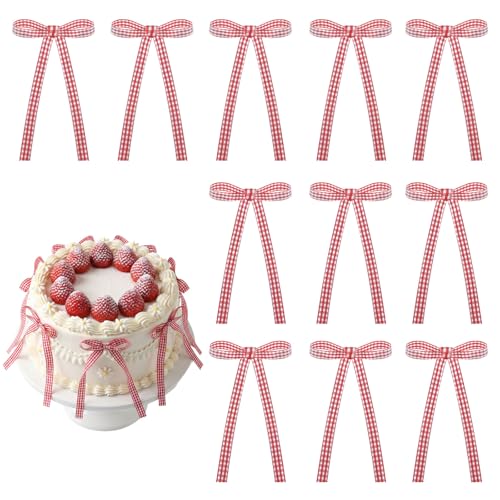 30 Pack Gingham Ribbon Bows for Cake Red Gingham Bow Cake Toppers (30 Count)
