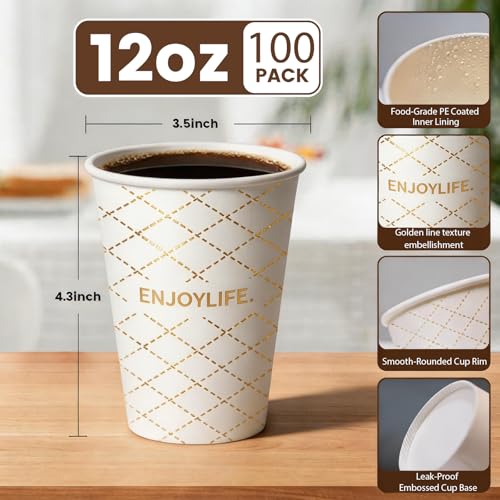 Disposable Paper Coffee Cups 12 oz 100 Count