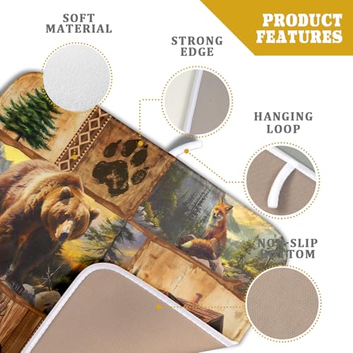 Bear Deer Fox Dish Drying Mat Rustic Cabin Lodge Dish Drainer Mats 16x18 Inch Absorbent Washable Dishes Rack Pad for Sink Kitchen Counter